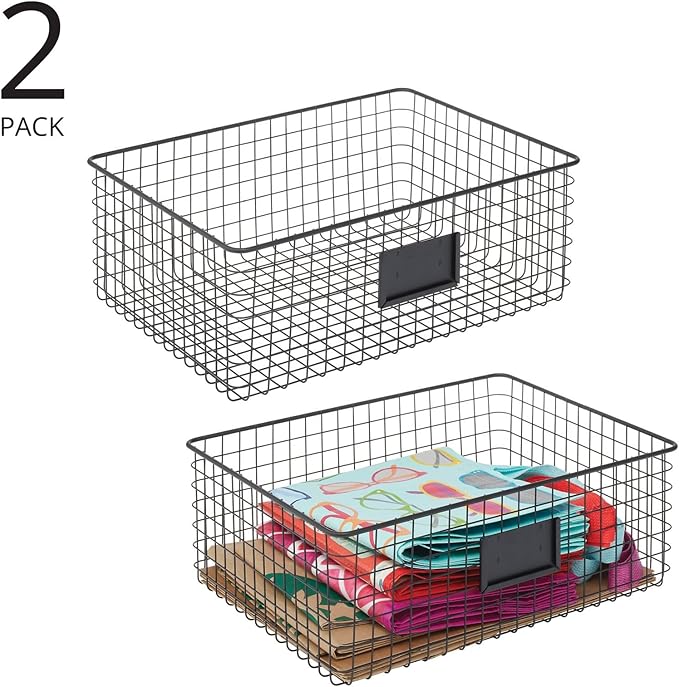 mDesign Wide Steel Wired Storage Organizer Bin Baskets with Label Slot for Kitchen Pantry, Cabinet, Organizing Holder for Food, Drinks, Snacks, Produce, Omaha Collection, 2 Pack, Matte Black
