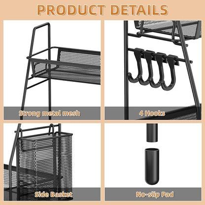 VITVITI 2-Tier Bathroom Organizer Countertop, Metal Wire Mesh Bathroom Counter Organizer Storage with Basket Hooks, Vanity Tray Shelf, Kitchen Spice Rack, Black