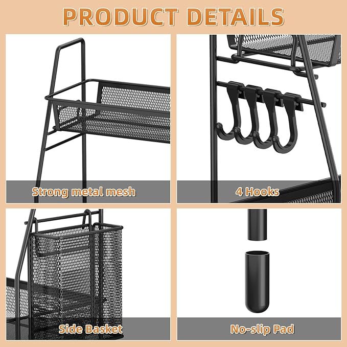 VITVITI 2-Tier Bathroom Organizer Countertop, Metal Wire Mesh Bathroom Counter Organizer Storage with Basket Hooks, Vanity Tray Shelf, Kitchen Spice Rack, Small Black