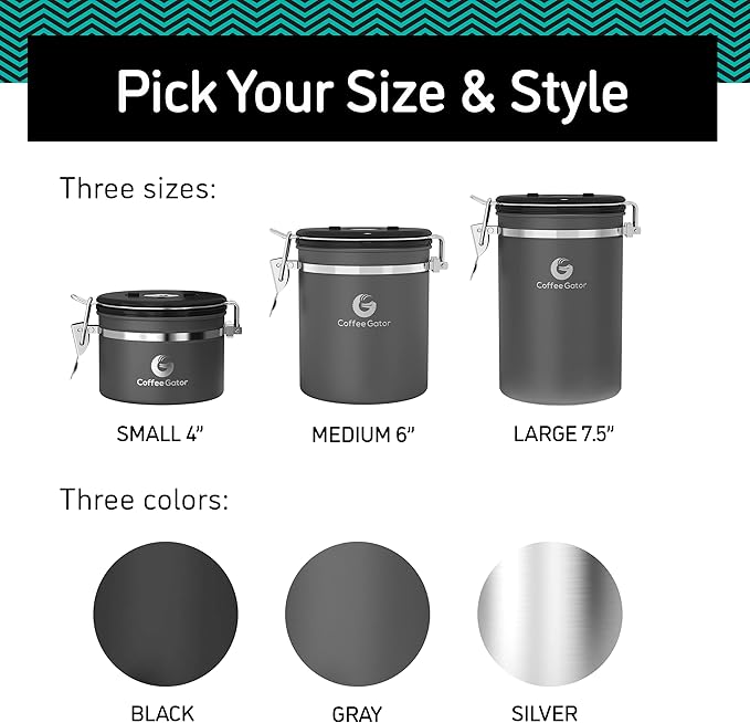 Coffee Gator Coffee Canister, Airtight Stainless Steel Kitchen Food Storage Container with Date Tracker, Scoop for Sugar, Grounds Coffee, Beans,Tea, Sugar, Cereal, Flour, Cookies Jars (Black, 16oz)