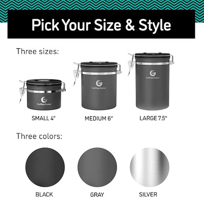 Coffee Gator Coffee Canister, Airtight Stainless Steel Kitchen Food Storage Container with Date Tracker, Scoop for Sugar, Grounds Coffee, Beans,Tea, Sugar, Cereal, Flour, Cookies Jars (Black, 16oz)
