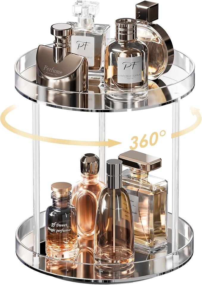 Lolalet 360 Degree Rotating Acrylic Perfume Organizer Stand, 2 Tiers Clear Perfumes Holder Display Rack, Makeup Skincare Organization for Vanity Bathroom Countertop -Medium, Clear