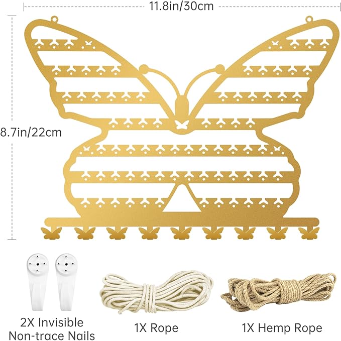 NiHome Butterfly Wall Mounted Jewelry Organizer, Decorative Metal Earring and Necklace Holder for Bedroom, Vanity, or Closet, Stylish Organizer with Easy Hanging for Fashion Lovers (Gold)