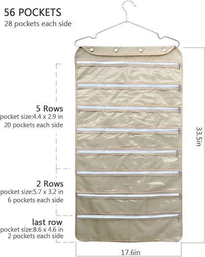 BB Brotrade Hanging Jewelry Organizer,Accessories Organizer,56 Zipper Pocket Organizer for Holding Jewelries (Beige-Zipper)