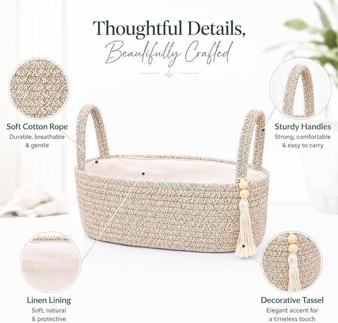 ABenkle Small Storage Basket, Jute Rope Woven Toilet Paper Tray Organizer for Toilet Tank Top, Boho Bathroom Decor Holder for Shelf Bedroom Living Room -13x6x4 Inches