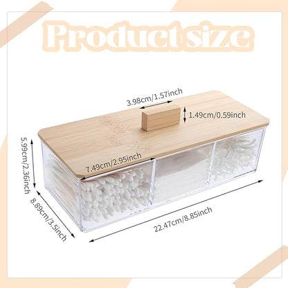 Wood Qtip Holder 3 Compartments Cotton Ball and Swab Holder Organizer with Lid,Jar for Cotton Rounds,Bathroom Containers,Clear Acrylic Desk Organizer for Makeup Pads,Cosmetics Bedroom