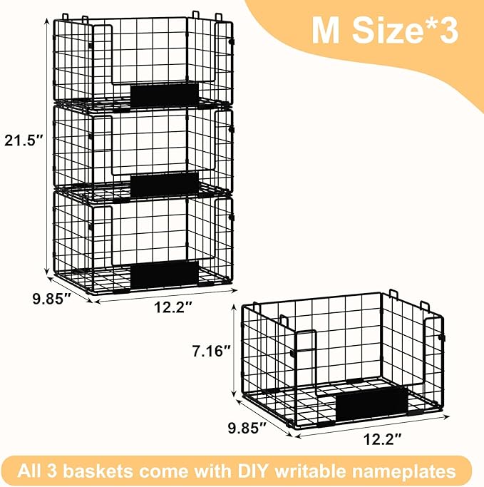 JKsmart 3 Pack Stackable Wire Baskets with NamePlates for Pantry Organizers and Storage, XL Fruit and Vegetable Basket, Metal Storage Bins for Snack Can Fruit Veggies, XL