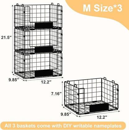 JKsmart 3 Pack Stackable Wire Baskets with NamePlates for Pantry Organizers and Storage, XL Fruit and Vegetable Basket, Metal Storage Bins for Snack Can Fruit Veggies, XL