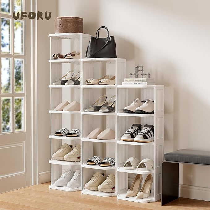 UFORU Small Shoe Rack, 5 Tier Plastic Vertical Shoe Rack for Small and Narrow Spaces, Free Standing Shoe Organizer for Closet, Entryway