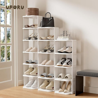 UFORU Small Shoe Rack, 7 Tier Plastic Vertical Shoe Rack for Small and Narrow Spaces, Free Standing Shoe Organizer for Closet, Entryway