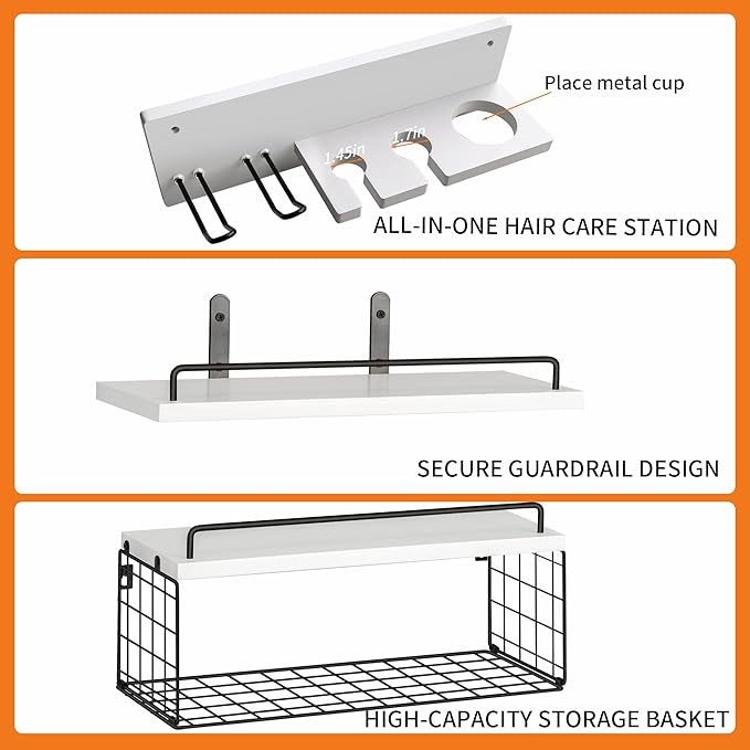 3-Tier Bathroom Floating Shelves with Curling Iron Holder & Hair Tool Organizer, Wall Mounted Rustic Wood Storage Rack Over Toilet with Hair Dryer Holder for Bathroom Decor & Organization