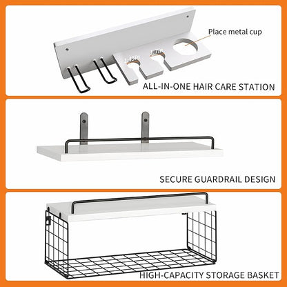 3-Tier Bathroom Floating Shelves with Curling Iron Holder & Hair Tool Organizer, Wall Mounted Rustic Wood Storage Rack Over Toilet with Hair Dryer Holder for Bathroom Decor & Organization