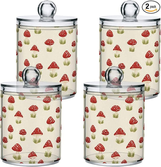 Milk Cow Qtip Holder with Lid 2PCS Apothecary Jars Storage Containers, Clear Plastic Canister for Cotton Swab,Floss Picks, Cosmetics (Red Mushrooms, one sizex4)