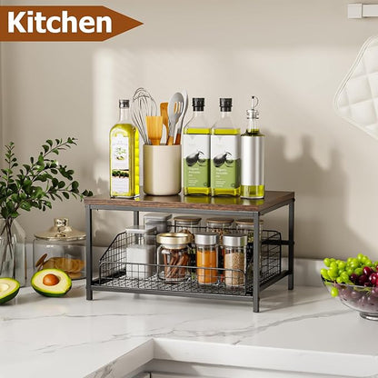 KLM Pull Out Spice Rack Organizer for Cabinet,Rustic Wood Top with Wire Basket Storage,Kitchen Countertop Organizer and Storage for Pantry, Counter top,Coffee Station Wood. (Brown)