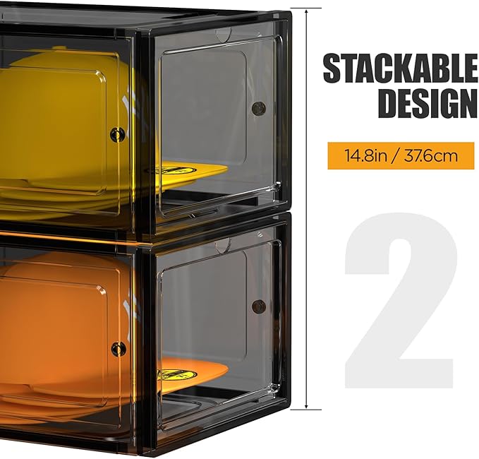 SCAVATA Hat Organizer Box, Stackable Clear Baseball Caps Holder Box Containers with Magnetic Door for Hats Snapback Cap Storag, Hat Rack Display Case, Holds 8 Hats Each (Black, 4 Pack)