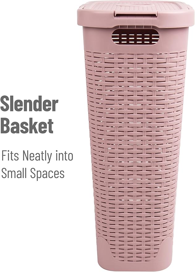 Mind Reader Slim Laundry Hamper with Lid, 40L Clothes Basket, Narrow Tapered Design with Ventilated Cutout Pattern, Plastic, Pink