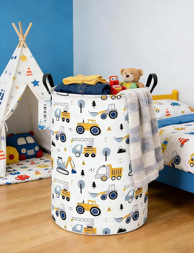 Round Construction Truck Collapsible Laundry Hamper for Nursery,Cute Forest Vehicles Excavator Toy Storage Bin for Kids Boys,Storage Basket for Home,Bedroom,Playroom,New Parent Gift(Excavator)