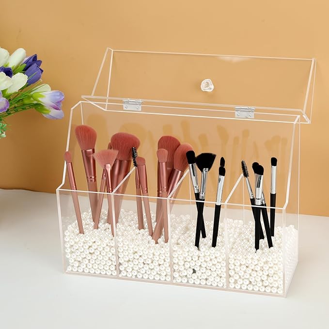 Vevitts Acrylic Makeup Organizer, Clear Cosmetic Brush Storage Box With 4 Brush Holders (Pearl not included),Makeup Brush Holder with Dust Cover, Large-capacity Split Design Organize the Desktop