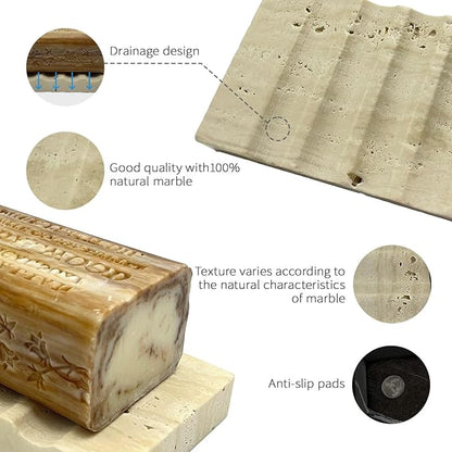 WeDoDecor Real Travertine Marble Soap Dish for Shower Stone Tray Small Bar Soap Holder with Self Draining | Non-Slip, Luxury Bath Room Accessories (Beige)
