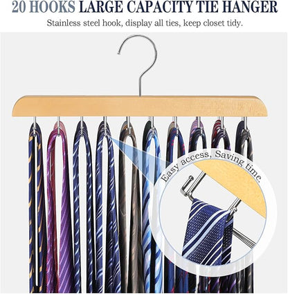 2 Pack Tie Rack Belt Hanger for Closet Fitnice Upgraded Non Slip Tie Hanger Space Saving with 20 Foldable Hooks Wooden Belt Tie Organizer for Tank Tops Bras Cami Scarves