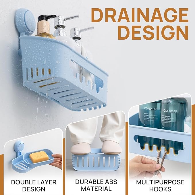 LEVERLOC Shower Caddy Suction Cup Set Shower Organizer & Soap Holder & Toothbrush Holder, Bathroom Shelf Basket NO-Drilling, Removable Suction Storage Waterproof Bathroom Holder, Blue