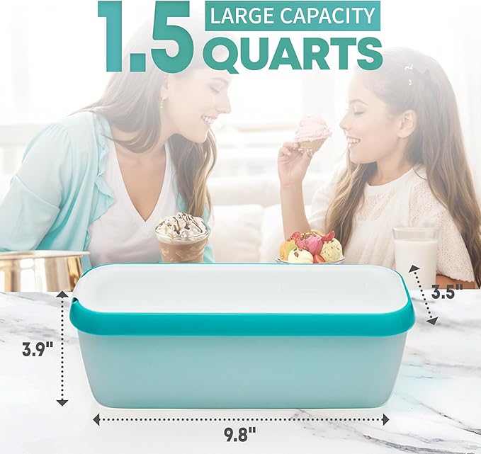 Ice Cream Storage Containers with Lids 2 PACK - 1.5 Quarts Homemade Ice Cream Tubs, Freezer Containers, Turquoise & Green