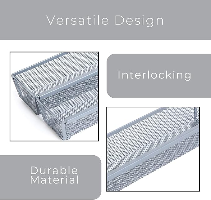 Smart Design Drawer Organizer - (12 x 3 Inch) - Steel Metal Mesh Tray - w/ Interlocking Arm Connection - Utensils, Silverware, Organization - Kitchen [Silver]