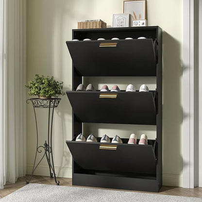 JOZZBY Shoe Storage Cabinet with 3 Flip Drawers, Freestanding Narrow Slim Shoe Organizer Cabinet Rack for Entryway, Hallway, Living Room, Black