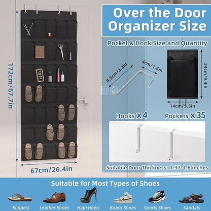 Aisoso Over the Door Shoe Organizer with 35 Large Breathable Mesh Pockets and 4 Metal Hooks Space Saving Hanging Storage Holder for Men's and Women's Shoes, Accessories, Black