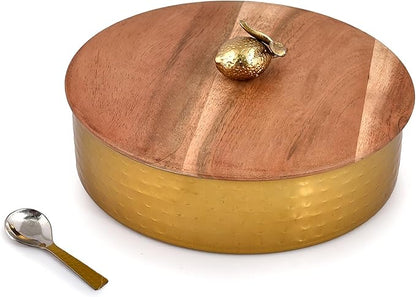 Elan Dabbahs and Days Spice Box with Stylish Lemon Knob |Stainless Steel with Wooden lid Masala Dabba | Masala Dani With 7 Containers and Small Spoon | Kitchen Spice Organiser (Antique Gold and Wood)