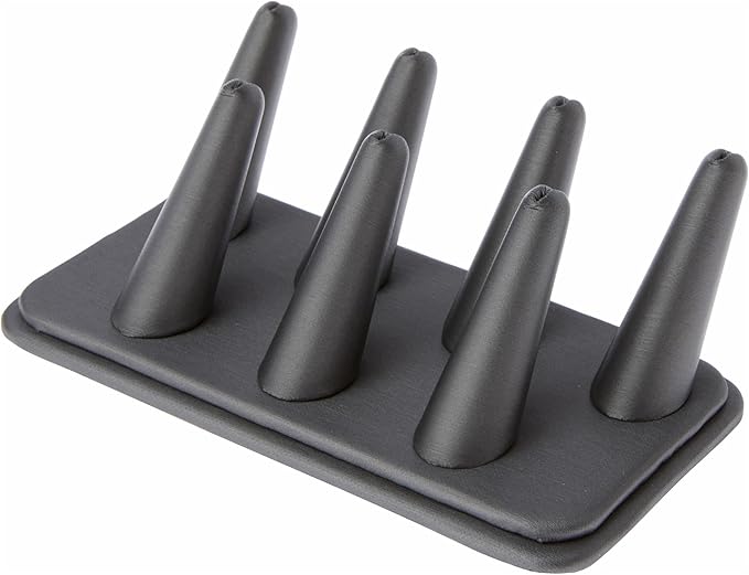 Plymor Gray Faux Leather Ring Finger Display, Seven on Rectangular Base, 6.75" W x 3.5" D x 2.25" H