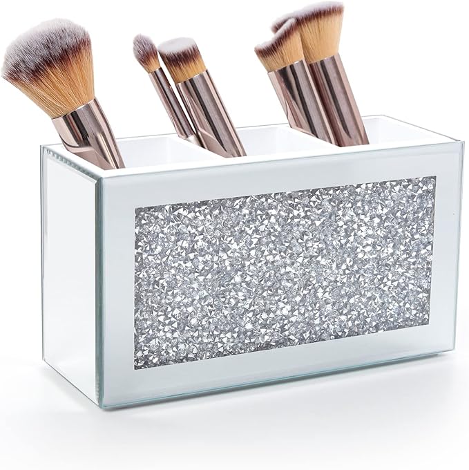 Silver Makeup Brush Holder Organizer, Bling 3 Slot Crushed Diamond Crystal Mirrored Cosmetic Brushes Storage, Eyeliners Eyebrow Pencil Display Case