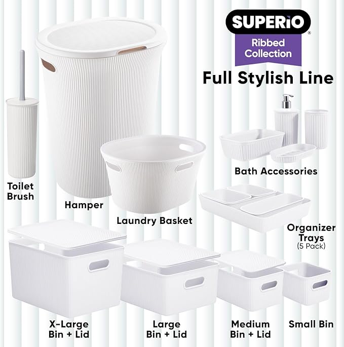 Decorative Plastic Basket Lidded Home Storage Bins Organizer Baskets, Large White (1 Pack - 15 Liter) Stackable Container Box, for Organizing Closet Storage Bins for Shelves - Ribbed Collection