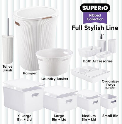 Decorative Plastic Basket Lidded Home Storage Bins Organizer Baskets, Large White (1 Pack - 15 Liter) Stackable Container Box, for Organizing Closet Storage Bins for Shelves - Ribbed Collection