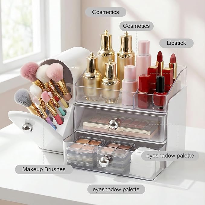 Makeup Organizer with Makeup Brush Holder, Vanity Organizer Large Cosmetic Display Cases, Skincare Organizers and Bathroom Countertop Organizer, Gifts for Women (White)