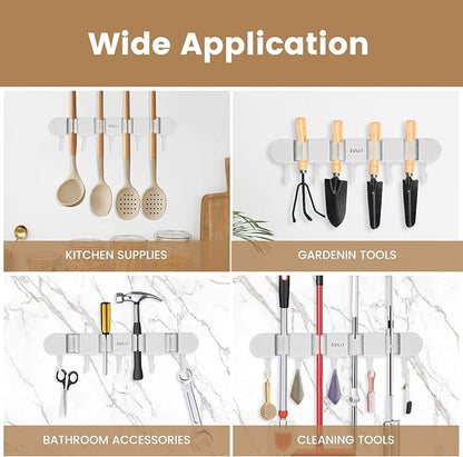 2Pcs Broom Holder Wall Mount, No-Drilling Self-Adhesive Mop and Broom Storage Rack with Hooks (4 Racks with 5 Hooks), Wall-Mounted Broom Hanger for Bathroom, Kitchen, Closet, Garage (White ﻿)