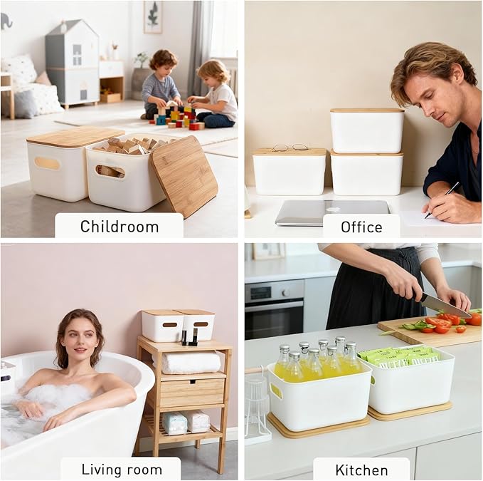 Citylife Storage Bins with Bamboo Lids 7QT Plastic Storage Containers Stackable Organizer Boxes with Handle for Desk Snacks, Toys, 4 PCS, 10" L x 7" W x 5.8" H