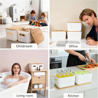 Citylife Storage Bins with Bamboo Lids 7QT Plastic Storage Containers Stackable Organizer Boxes with Handle for Desk Snacks, Toys, 4 PCS, 10" L x 7" W x 5.8" H