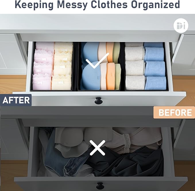 DIMJ Drawer Organizer - Small Clothes Organizer Set of 3, Drawer Dividers for Baby Clothes, Underwear, Socks, Bra, Belt, Tie - Black