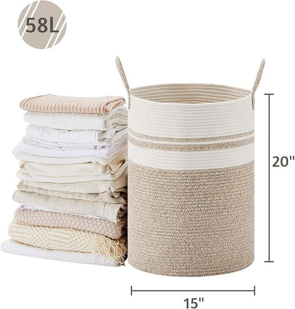 VIPOSCO Large Laundry Hamper, Tall Woven Rope Storage Basket for Blanket, Toys, Dirty Clothes in Living Room, Bathroom, Bedroom - 58L Brown & White