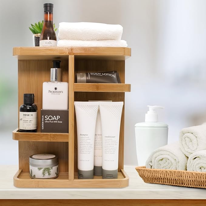 Sorbus 360° Makeup Organizer - Bamboo Wood Make Up Storage Carousel for Cosmetics, Skin Care Rotating Makeup Organizer for Vanity, Bathroom Storage