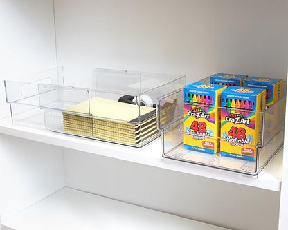 Isaac Jacobs 2-Pack Clear Expandable Storage Bins - Medium, 11"-19" L x 8.5" W x 4.8" H, Plastic Organizer with Cut-Out Handles, Adjustable Length from 11-19" for Home, Kitchen & Office