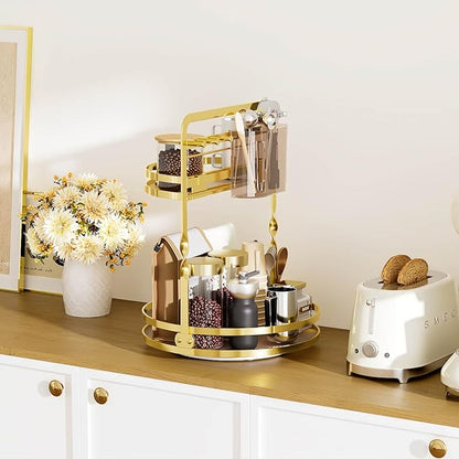 360 Rotating Makeup Organizer for Vanity, Gold Perfume Organizer, 2-Tier Lazy Susan for Bathroom Counter Organizer, Large Spinning Skincare Dresser Storage with Brush Holder & Jewelry Hooks