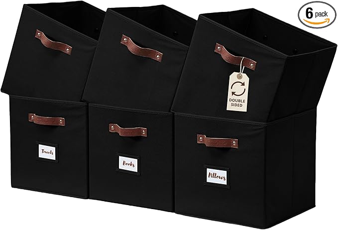 DECOMOMO Storage Bins, Cube Storage Bin with Labels, Fabric Storage Cubes for Shelves (10.5" x 11" / 6pcs, Black)