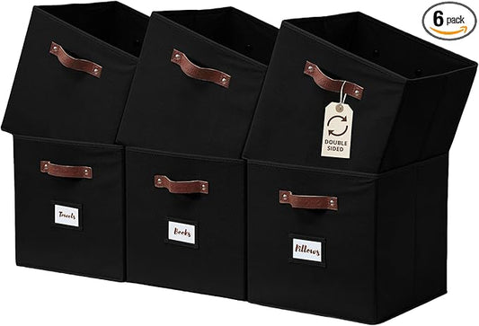 DECOMOMO Storage Cubes, 13x13x13 Storage Cube Bins with Labels, Fabric Organizer Bins (13" / 6pcs, Black)