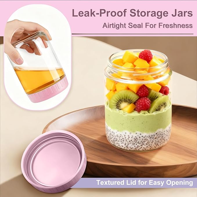 Overnight Oats Containers with Lids, 16oz Wide Mouth Mason Jars with Lids, 9 Pack Glass Jars with Airtight lid for Chia Pudding Yogurt Salad, Meal Prer Oatmeal Jars, Pink