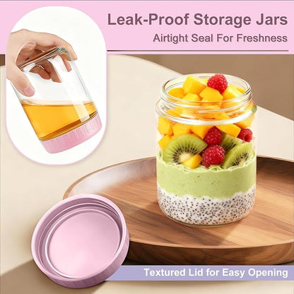 Overnight Oats Containers with Lids, 16oz Wide Mouth Mason Jars with Lids, 9 Pack Glass Jars with Airtight lid for Chia Pudding Yogurt Salad, Meal Prer Oatmeal Jars, Pink