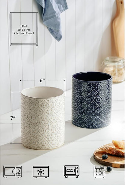 Kitchen Utensil Holder, 6x7 inch Large Ceramic Utensil Holder with Embossed Pattern, Cooking Utensil Crocks for Kitchen Countertop, Home Decor, Off-White