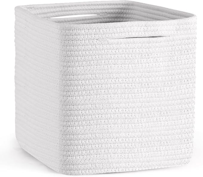 Cube Storage Bins 11 Inch Shelf Cotton Rope Baskets for Organizing, Woven Storage Basket - For Magazines, Living Room, Closet, White 1 Pack