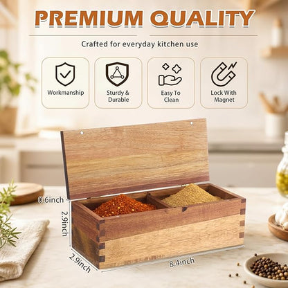 Acacia Wood Salt Cellar Spice Box with Magnetic Lid 29oz Large Capacity Salt Organizer 2 Compartments for Kitchen Countertop, Pepper, Seasonings, Spices, Grilling & Cooking